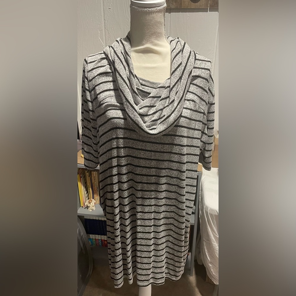 LIVI Lane Bryant Grey/Black Striped Cowl Neck Tunic